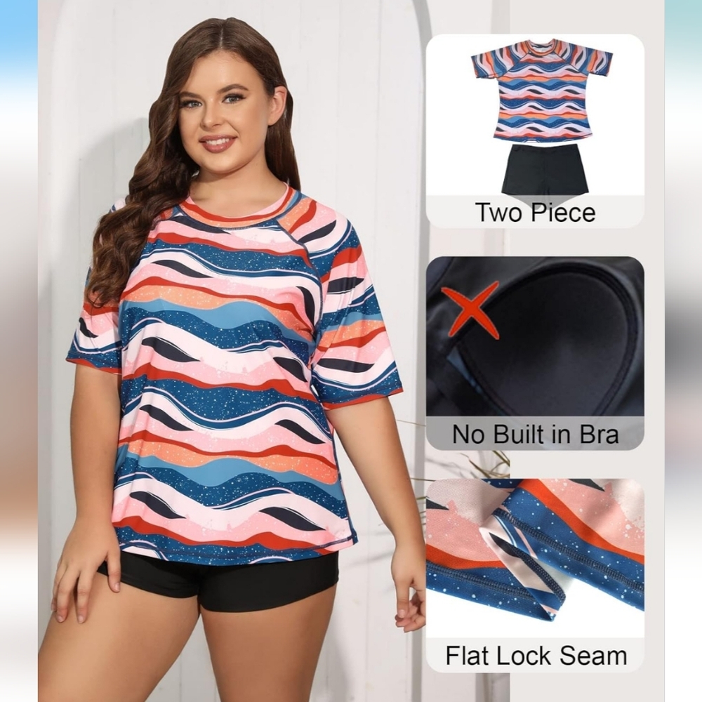 Two Piece PLUS SIZE Short Sleeve Rash Guard Colorful Wave Pattern Swim Set - Picture 3 of 6